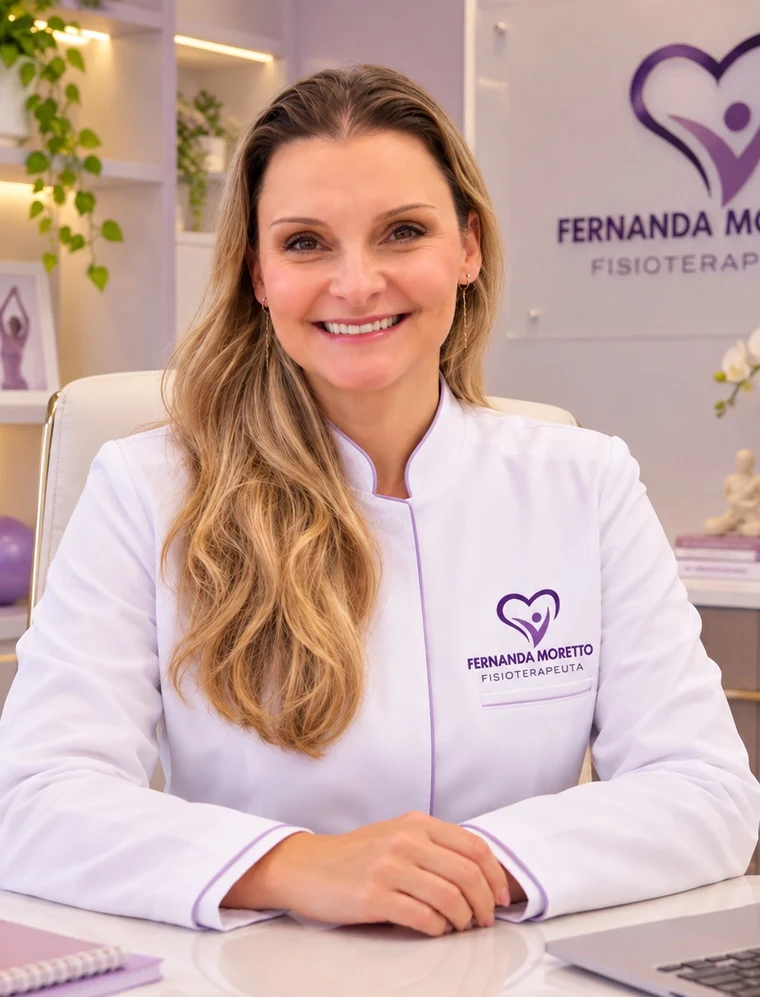 Dra. Fernanda Moretto, fisioterapeuta, sorrindo sentada à mesa do consultório