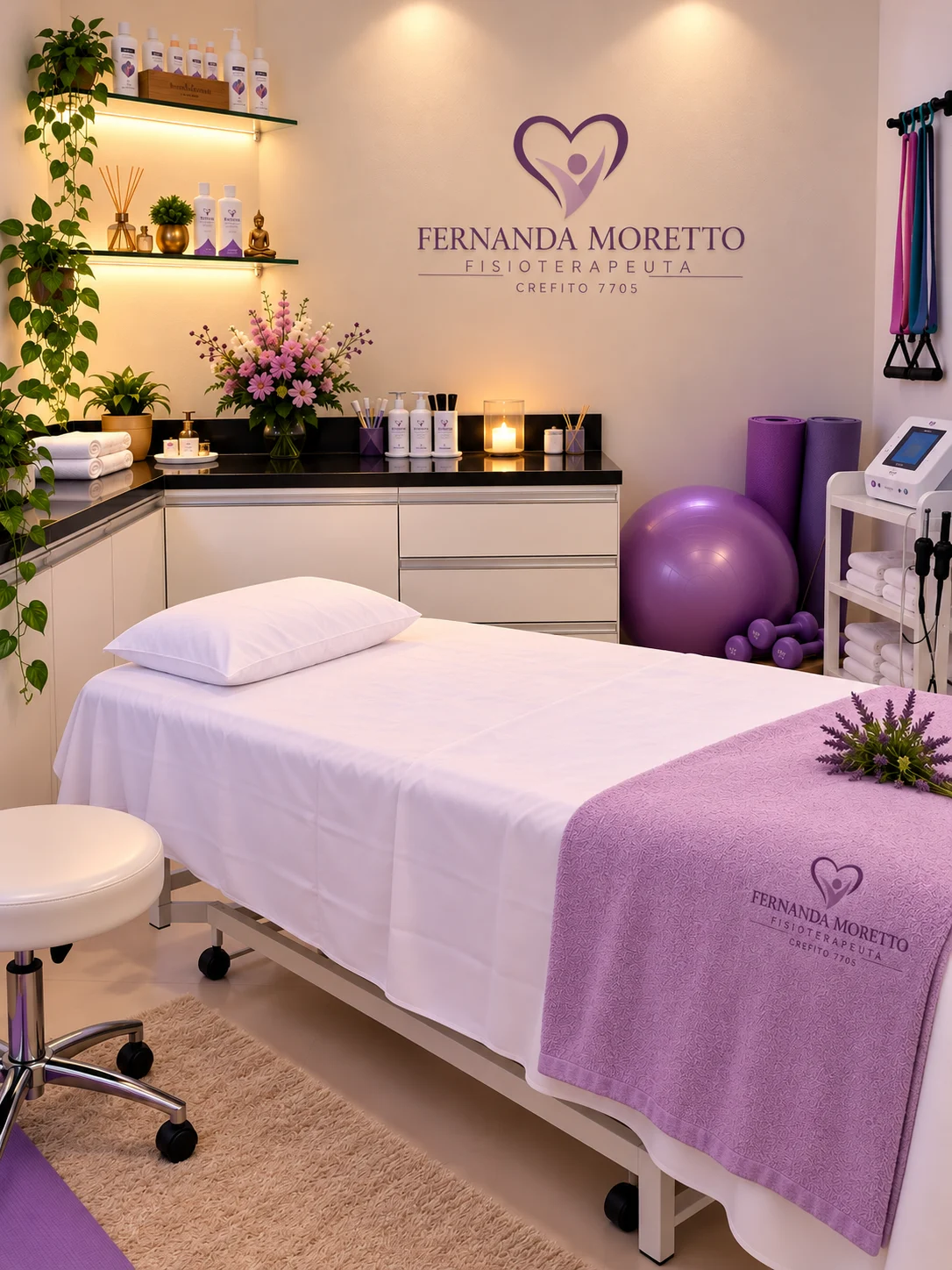 Sala de atendimento da clínica: logo Fernanda Moretto Fisioterapeuta na parede, prateleiras iluminadas, flores, bancada, bola de pilates e maca com lençol branco e toalha lilás